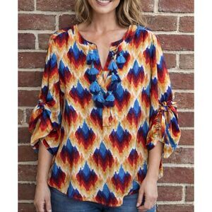 TRU LUXE JEANS $89 Boho Tassel Popover Tunic Top Multicolor 3/4 Sleeve Medium NE
